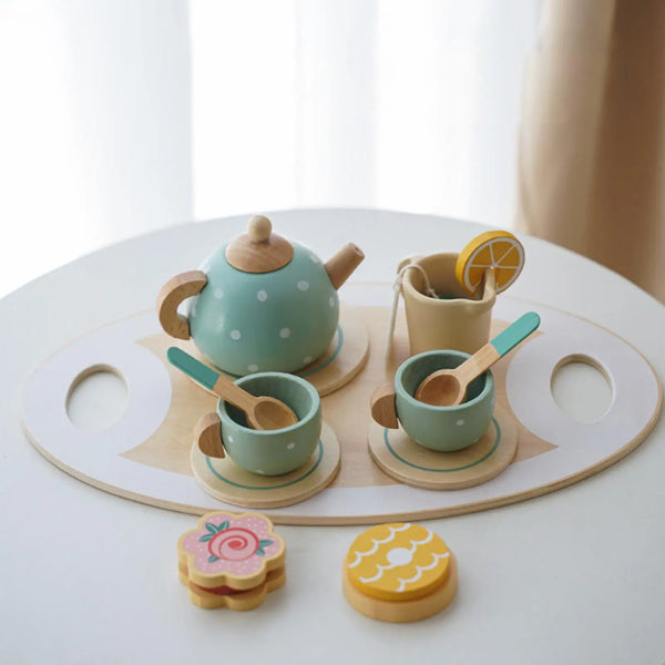 Wooden Afternoon Tea Set Toy for Toddlers - Pretend Play Food & Role Play Game, Early Educational Gift for Kids