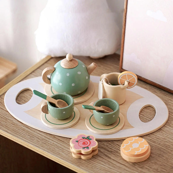 Wooden Afternoon Tea Set Toy for Toddlers Pretend Play Food Role Play Game Early Educational Gift for Kids The Traveling Teapot